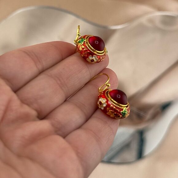 Vintage-Inspired Red Enamel Cabochon Drop Earrings - Picture 6 of 10